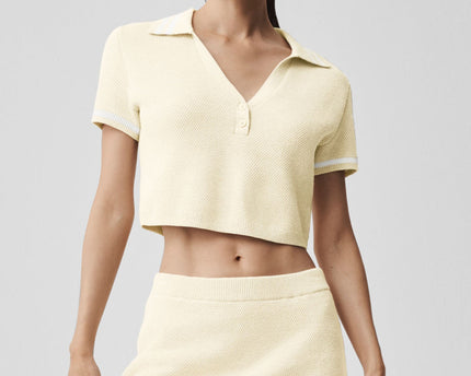 Tennis Club Sweater Knit Cropped Polo - Oatmeal/White
